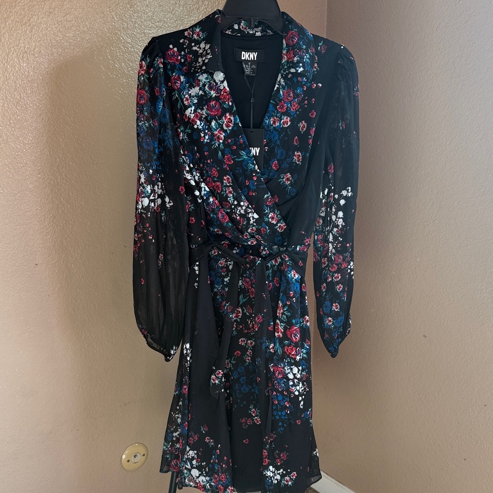 DKNY Long Sleeve Floral Dress - Black, Red, Blue